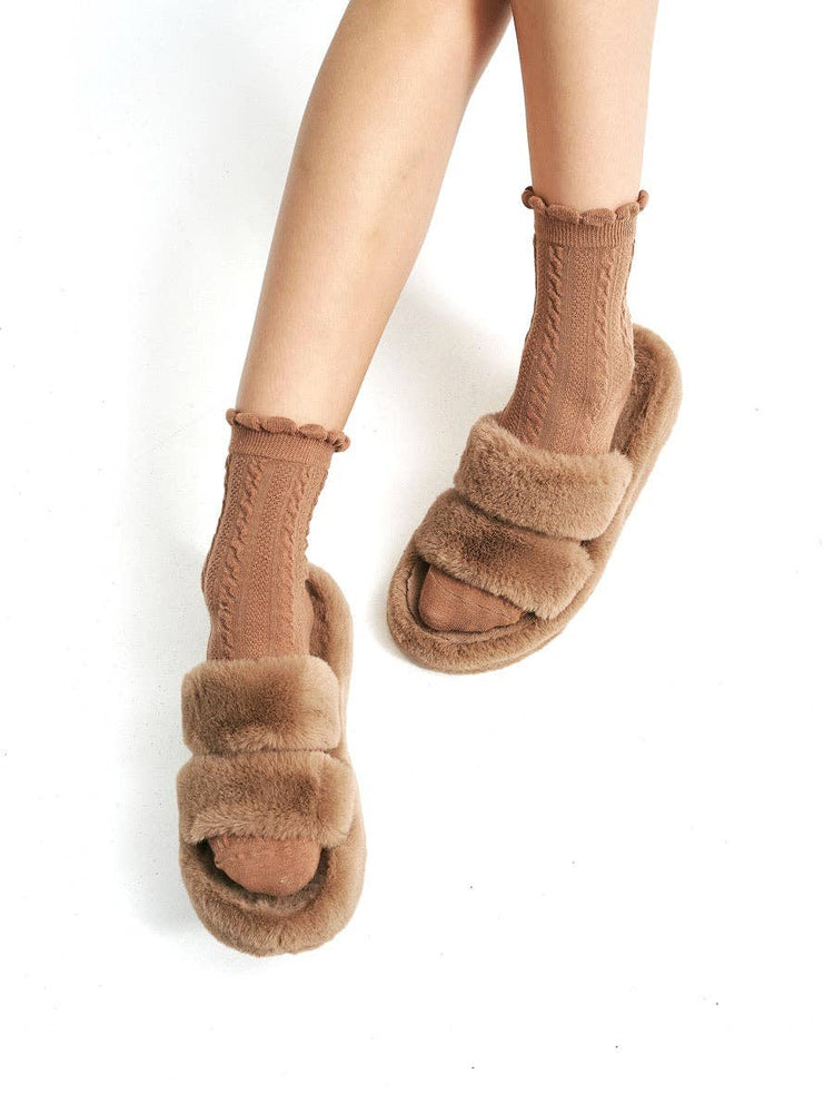 Knitted Frill Crew Socks | Brown