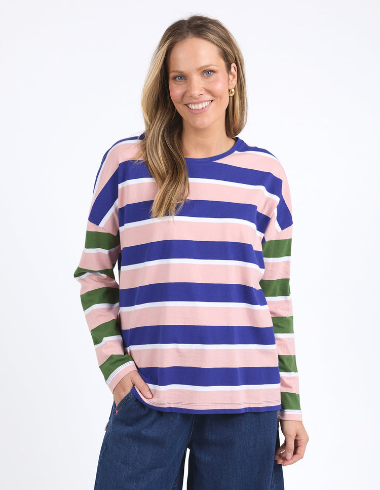 Ribbon L/S Tee | Pink Blue Stripe