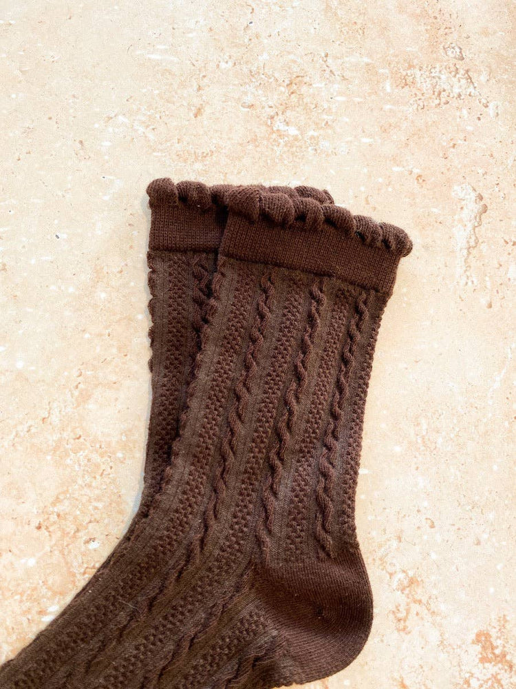 Knitted Frill Crew Socks | Brown