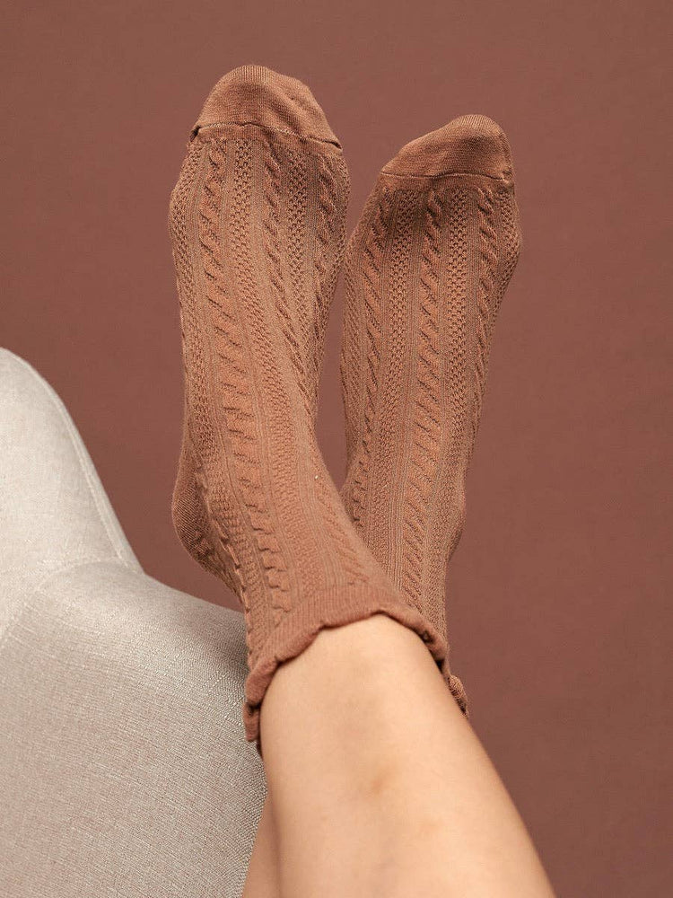 Knitted Frill Crew Socks | Brown