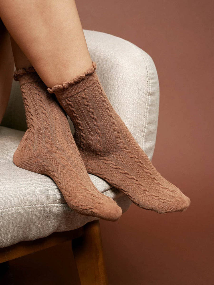 Knitted Frill Crew Socks | Brown